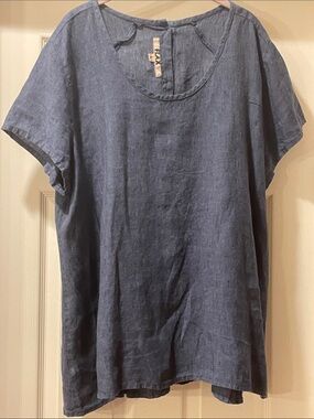 Flax Navy Linen Short-Sleeve Top Large
